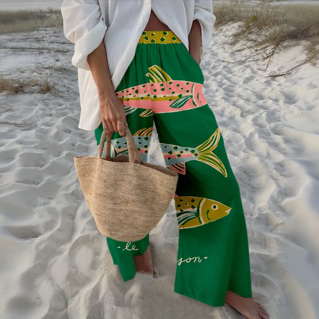 Women's High-Waisted Wide-Leg Pants, Colorful Abstract Fish Print, Lightweight Flowy Fabric, Relaxed Beach Vibe, Basic Solid-Complementing Bottoms for Shirt/Tank Top/Camisole, Sizes S-5XL