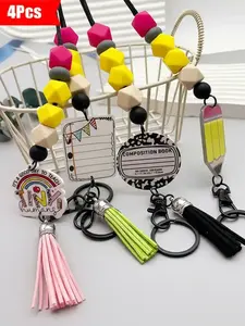 4-Piece Macaron Bead Keychain Set, Fun Teacher Neck Strap for School Days, Perfect Back-To-School Gift for Students and Teachers