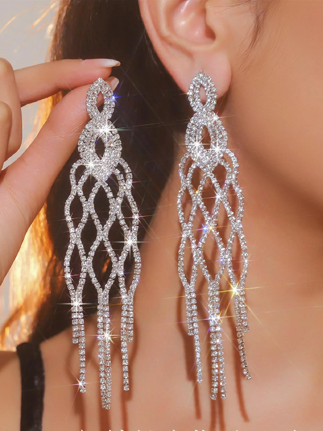 Luxurious Hollow Silver Color Rhinestone Long Tassel Crystal Earrings, Fashion Jewelry Earrings, Statement Earrings, Dangling Earrings, Perfect for Women's Parties Weddings Festivals, Sparkling Ear Jewelry, Party Festival Earrings, Ear Accessories