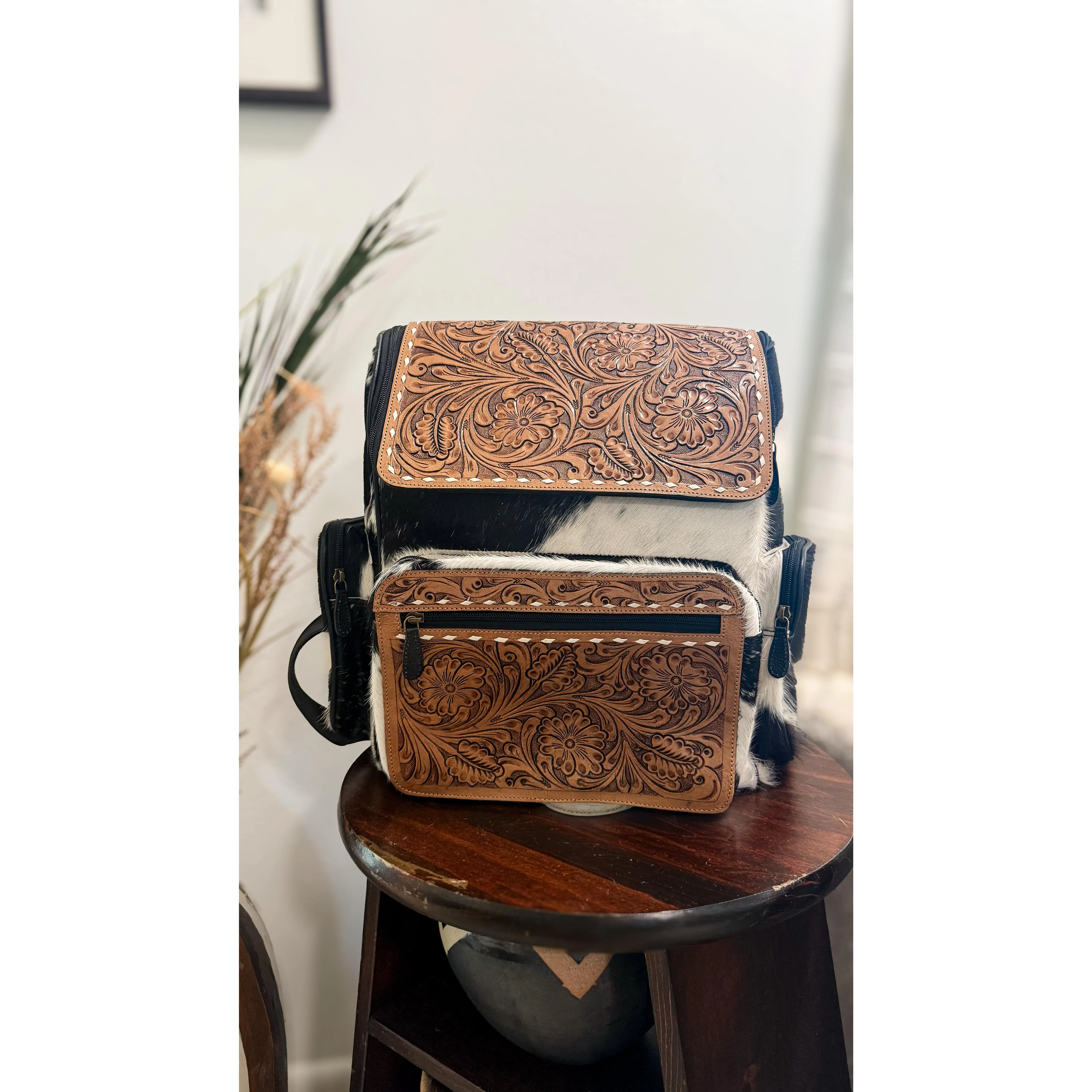 The Bubba XL Backpack | Tooled Leather Cowhide Travel Bag | Black or Tan