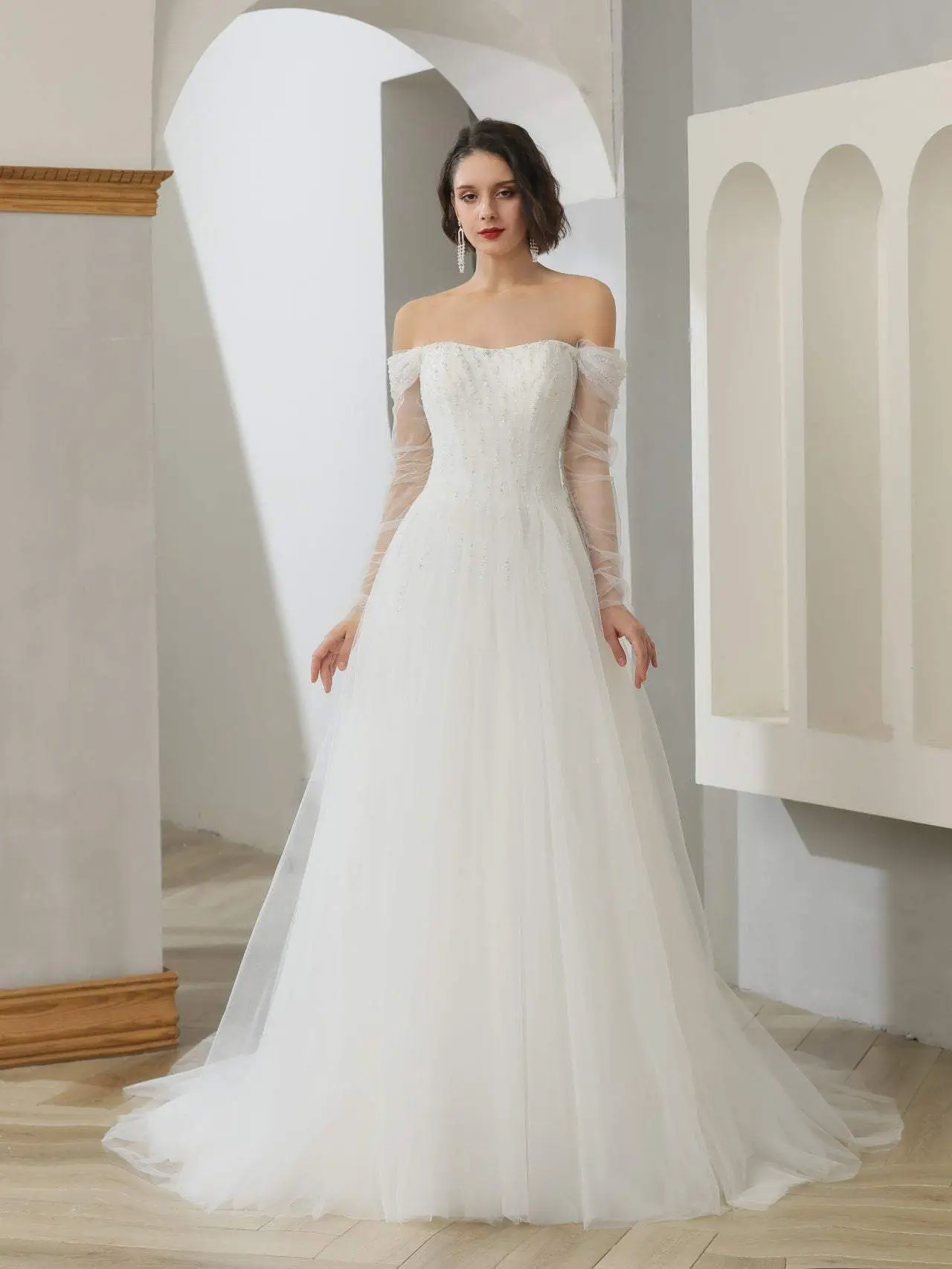 A-Line Wedding Gown in Light Ivory with Sheer Long Sleeves, Beaded Lace Bodice and Satin Chapel Train - Made-to-Order, Off Shoulder, Sheer Sleeves, Zip, Tulle & Lace, Long Sleeve, Clothes