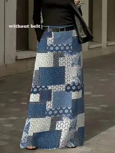 Elegant Women's Printed Ethnic Midi Skirt, Straight Tube Design, Woven Fabric, Pockets, Back Waist Elastic, All-Season Wear, Office Party Daily Use