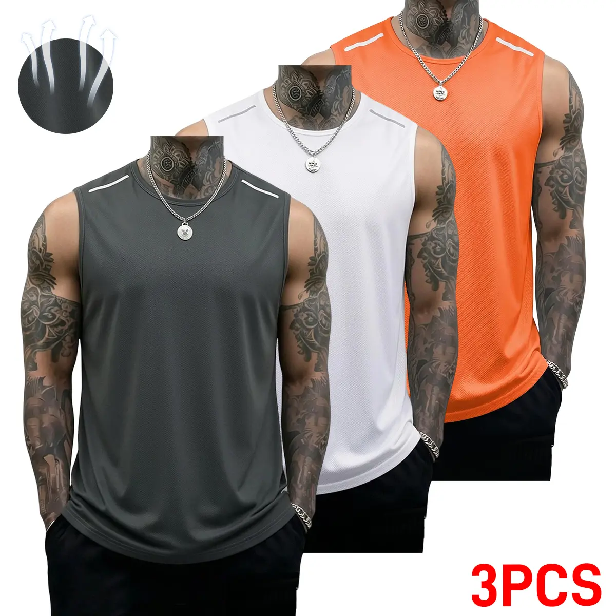 Men's 3pcs Sporty Chic Fitted Striped Crew-Neck Reflective Activewear Set - Quick-Dry, Breathable, Lightweight, Moisture-Wicking Sleeveless Tank Tops (Black+Army Green+Light Gray, Dark Gray+Army Green+Camouflage Blue) for Gym, Running