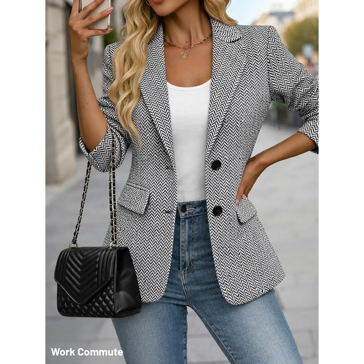 MINA SELF Women's Fitted Herringbone Tweed Blend Blazer - Structured Open-Front Long Sleeve Jacket with Pockets, Textured Woven Non-Stretch Polyester Fabric, Elegant Plaid for Work Office, Holidays, Standard Sizes
