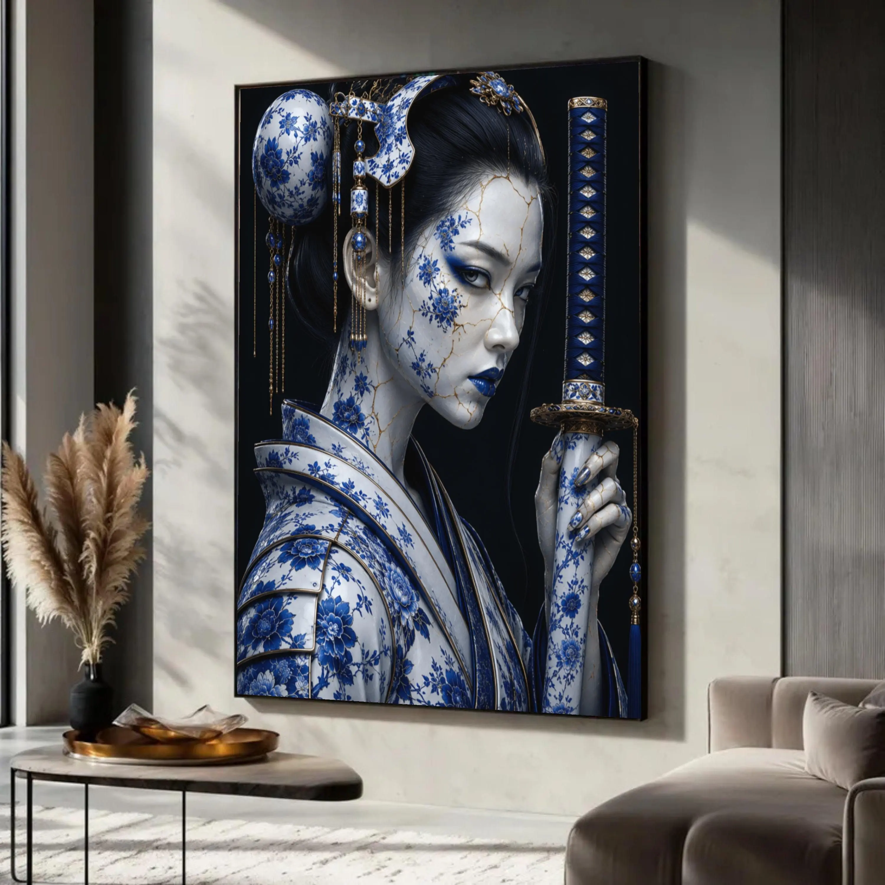 [Sale off up to 40%] [Frame Canvas] Blue Porcelain Samurai Woman Art, Japanese Kintsugi Portrait Print, Floral Canvas, Asian Decor