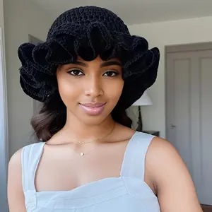 Chic Multicolor Crochet Ruffle Bucket Hat For Women & Men - Warm, Stretchy Knit Fisherman Cap With Fun Lace Detail, Perfect For New Year's Celebrations
