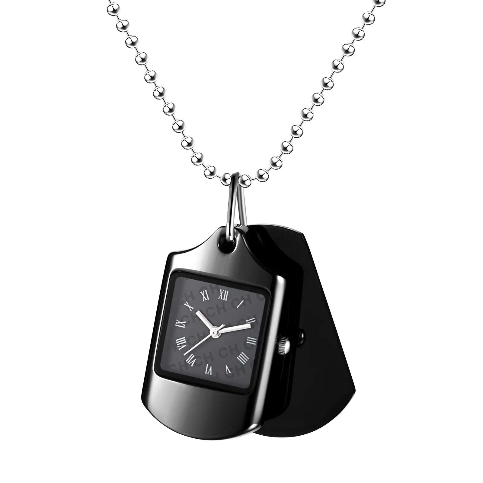 OIDEA Elegant Unisex Square Dog Tag-Style Engravable Pocket & Fob Watch Necklace, Roman Numerals Quartz Analog Dual Time Dial, Personalized Engraving, Batteries, Eco-Metal, Velvet Pouch Set, 90-Day Money Back