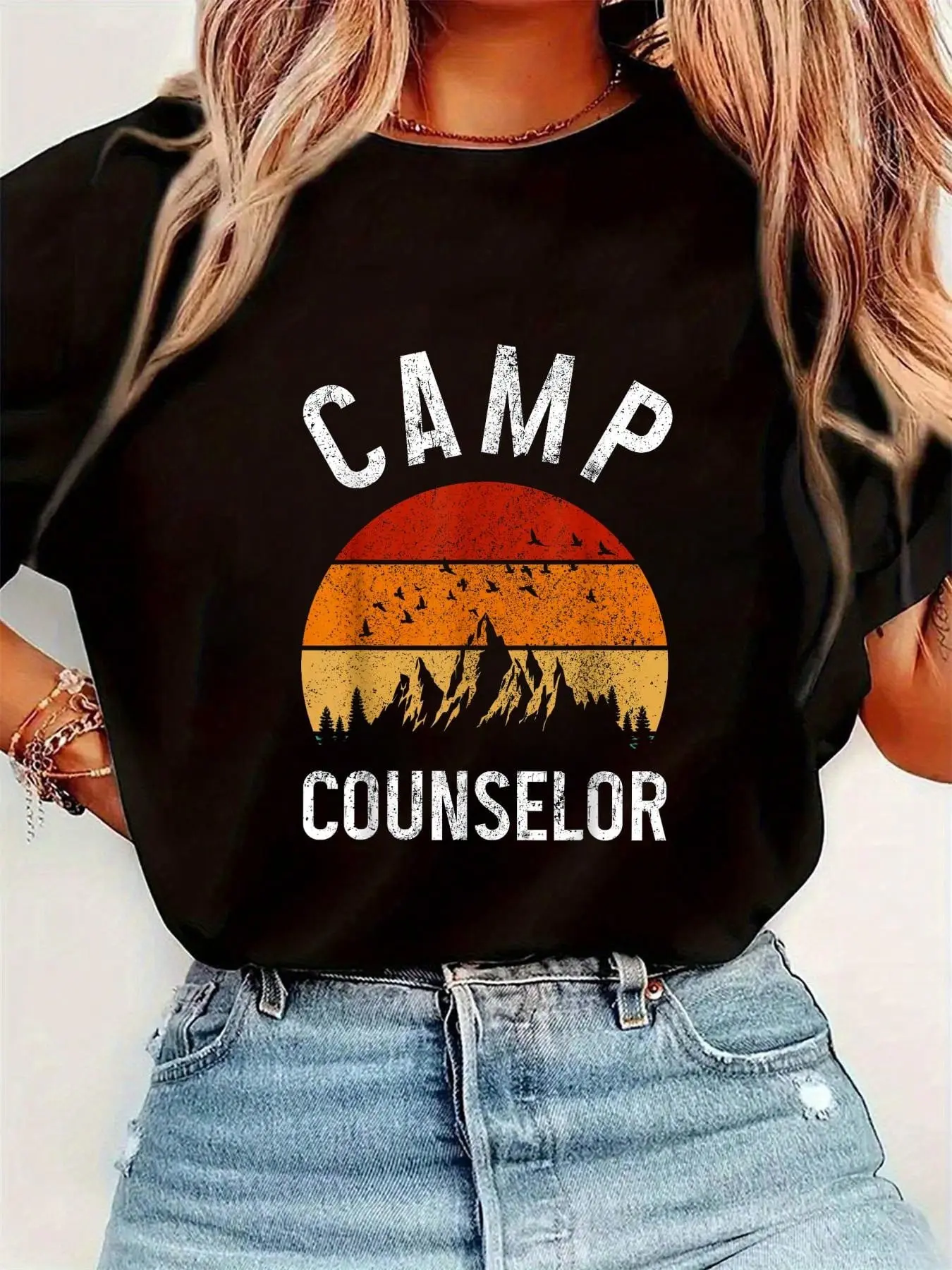 Women's Casual Colorful Comfortable Lightweight Short-Sleeve Round Neck Camping Camp Counselor Funny Graphic T-Shirt Top