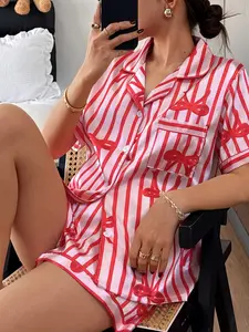Valentine's Day Women's Pajama Set Pjs, Comfortable Cute Casual Fitted Elastic Striped Bow Lapel Shirt and Pants Two-Piece Sleepwear Loungewear Homewear