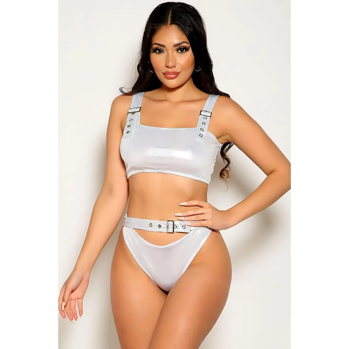 Silver Metallic Buckle Two Piece Swimsuit