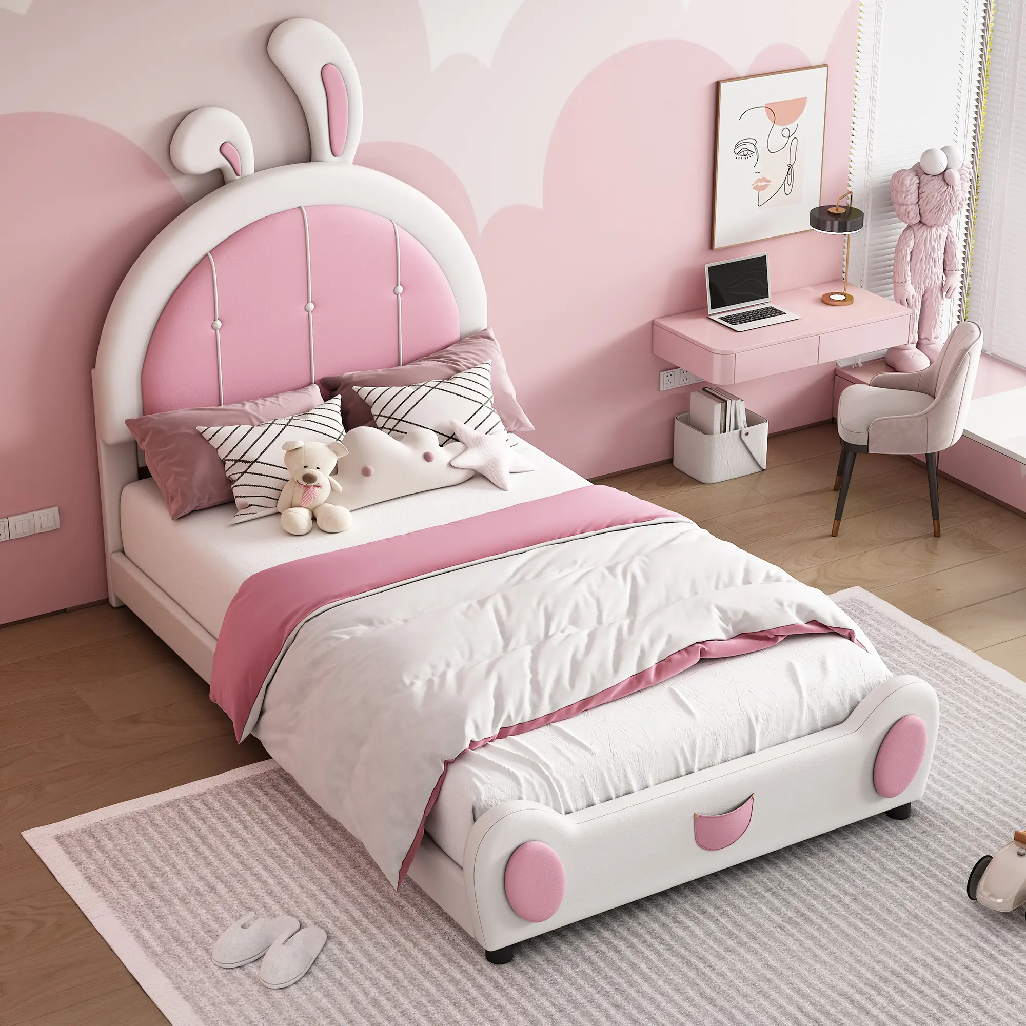 Twin Size Upholstered Bed with Ribbit Shaped Headboard, Low Platform Bed Frame, Faux Leather Daybed with Slats Support for Bedroom Dorm (White)