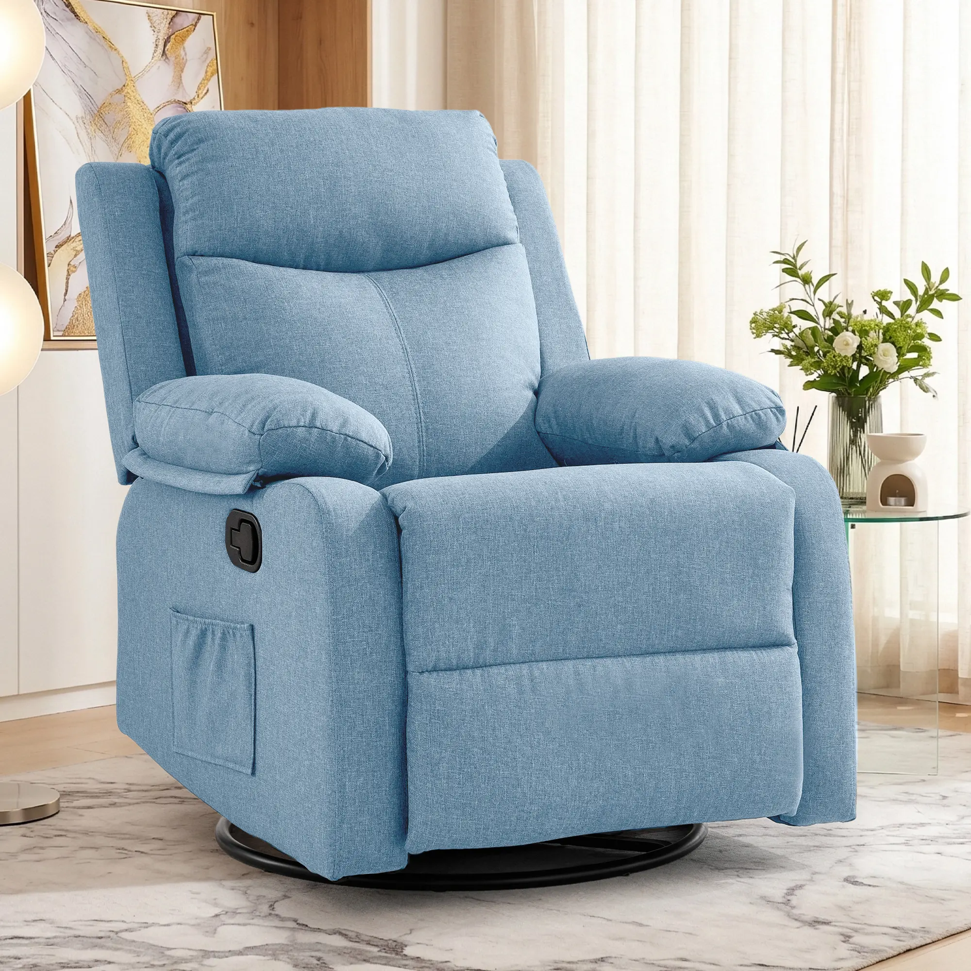 Korser 360° Swivel Rocker Recliner Armchair with Armrest - Linen Fabric Durable Seating, Ergonomically Adjustable Back, Compact Design, Assembly Required, Ideal for Small Spaces & Nursery, Ergonomically Adjustable Seat