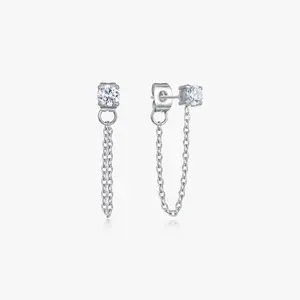 Single Gem Chain Silver Earrings