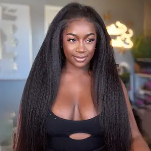 Invisi Drawstring 360 Glueless Lace Front Wigs Human Hair Pre Plucked Bleached Knots 180 Density Kinky Straight Wear Go Wigs 360 Fit Pre Cut Lace Wig
