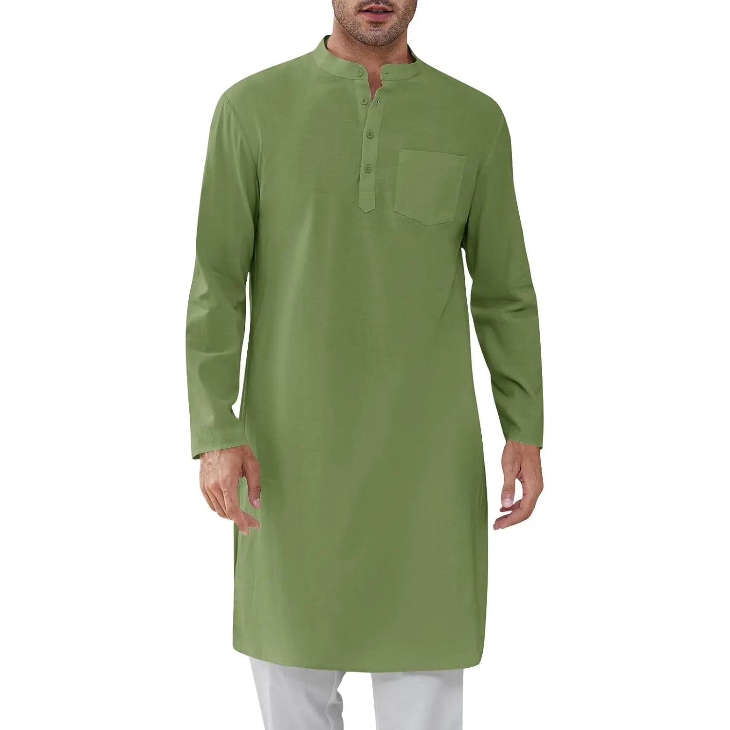 PASLTER Men's Classic Cut Chic Breathable All-Seasons Cotton Kaftan Robe - Button-Down Long-Sleeve Henley Thobe, Casual Side-Split Gown Clothes