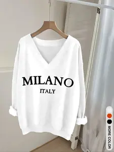 Elegant Women's Casual Top, V-Neck Long Sleeve Sweatshirt, Letter Print, French Style, Fitted Design, Suitable for All Seasons, Womenswear