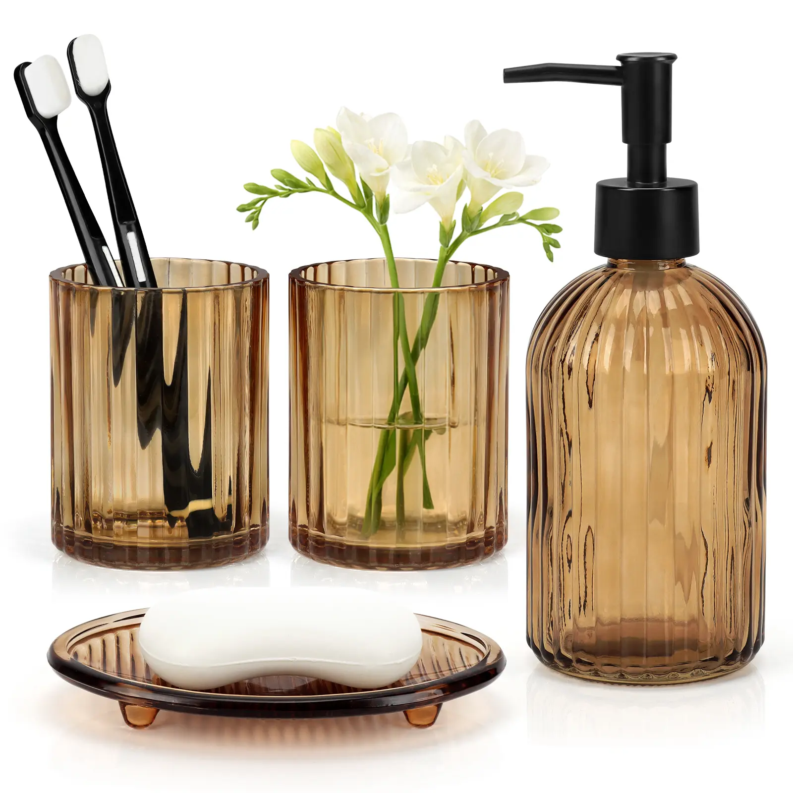 4Pcs High-Quality Smooth Amber Stripe Modern Vintage Glass Bathroom Accessories Set - Giftable Lotion Soap Dispenser, Toothbrush Holder, Mouthwash Cup, Soap Dish for Bath Decor, Organized Countertop Vanity, High-Quality Glass