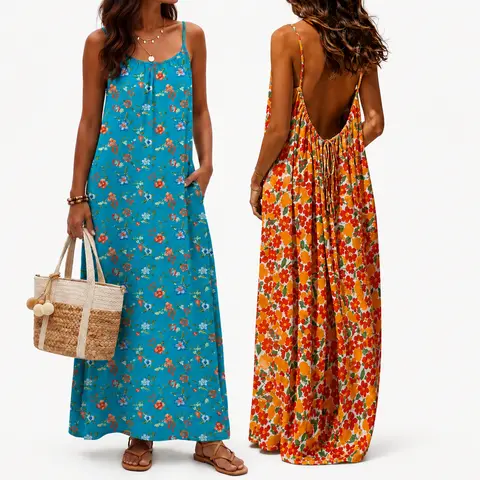 VIISHOW Womens Summer Maxi Dress Spaghetti Strap Backless with Pockets | Adjustable tie back, beach vacation sundress, boho casual, date night pool party, summer wedding guest, travel resort wear