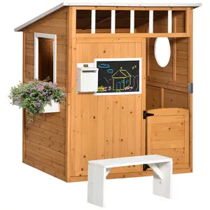 Bellemave Wooden Playhouse for Kids Outdoor with Working Door Windows Mailbox Bench Flowers Pot Holder 48" x 42.5" x 53" Solid Fir Wood Structure