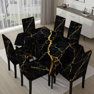 5/7-piece 2D Flat Printing Black and Gold Marble Texture Printing Pattern Tablecloth and Chair Covers Set, for dining table and dining chair slipcover decoration, perfect for home, holiday gatherings, restaurants, and parties.