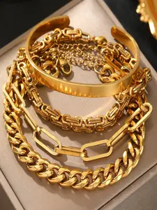 Women's Stainless Steel Bracelet Set, Waterproof & Sweat-Resistant Design, Geometric Pattern, Ideal for Daily Wear Accessories