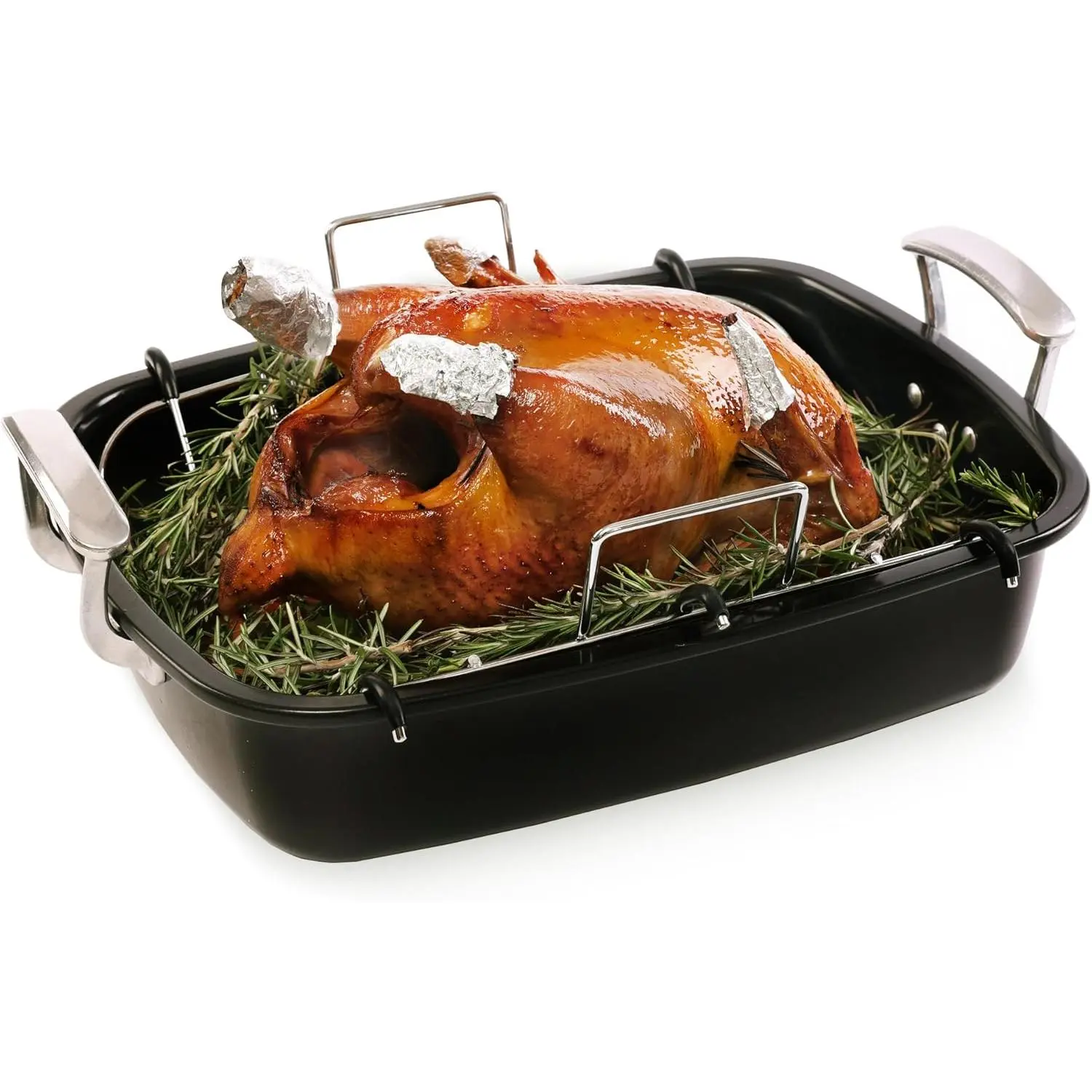 Nonstick Turkey Roasting Pan with U-Shaped Rack, 18.5x14.6in Extra Large Sturdy Heavy-Duty Steel Baking Pan for 25lb Turkey/Chicken, Deep Oven Tray with Wide Nontoxic Handles, Bake