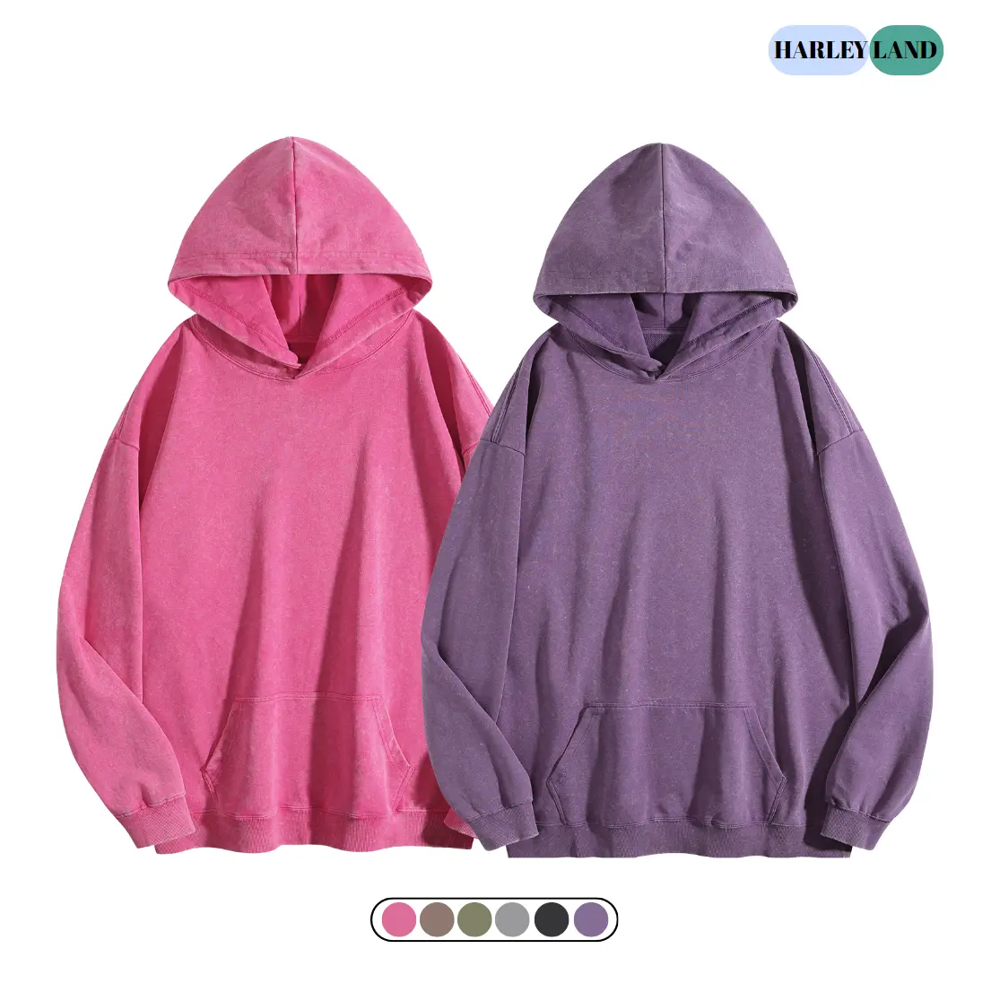 Women's 2-Pack Golden Oversize Retro Acid Wash Hoodies - Hooded Neck, Medium Length, Ribbed Kangaroo Pocket, Cotton Blend Fleece Lined Street Style Pullovers for Fall Casual Wear