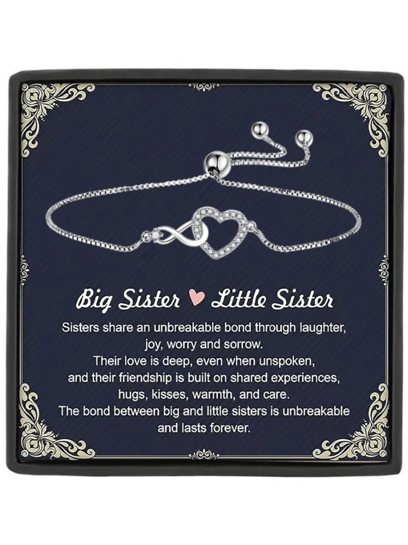 Big Sister Little Sister Adjustable Heart Shaped Bracelet with Gift Box and Meaningful Card, Perfect Gift for Big Sister and Little Sister, Jewelry Gift, Ideal Birthday and Christmas Choice, Heart Charm Bracelet Adjustable Bracelets