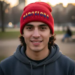 Barcelona Red Beanie Hat for Men - Stylish Winter Accessory with Bold Lettering - Perfect for Cold Weather