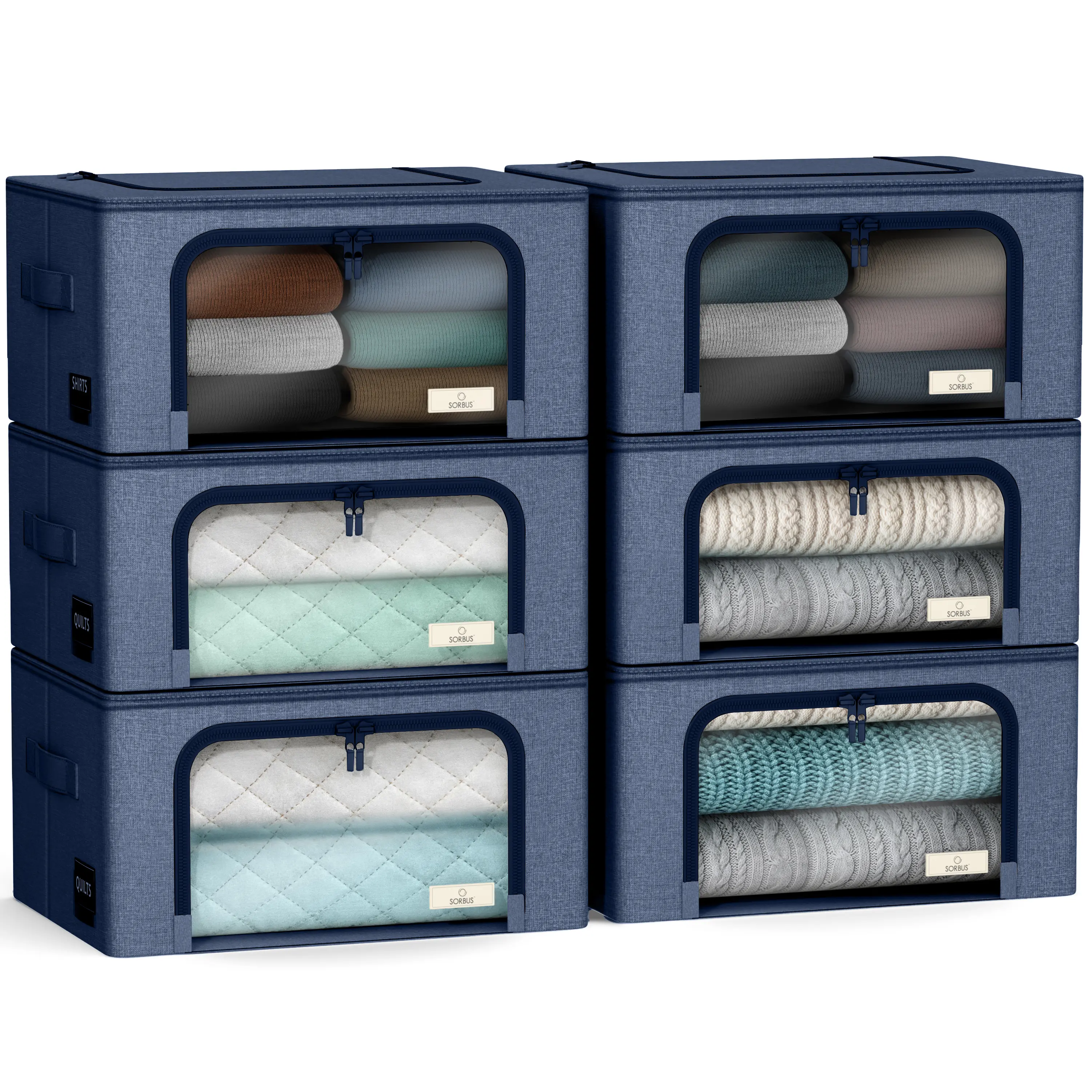 Sorbus Storage Bins - 6 Pack Stackable & Foldable Clothes Organizer Bags with Large Clear Window, Multicolor Oxford Fabric Storage Containers