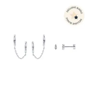 PAVOI Rhodium Plated Double Piercing Chain Huggie & Cubic Zirconia Flat Back Earrings - TikTok Set