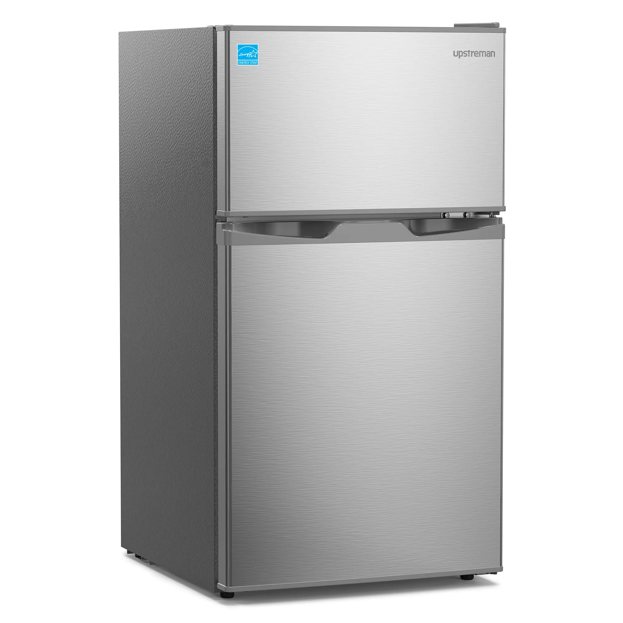 Upstreman 3.1 Cu.Ft Double Door Top Freezer Refrigerator - Stainless Steel Mini Fridge, 1 Cu.Ft Freezer, Adjustable Thermostat, Quiet Efficient, LED Light, Removable Shelves, Crisper Drawer, 110v-120v Energy Saver, for Dorm, Office