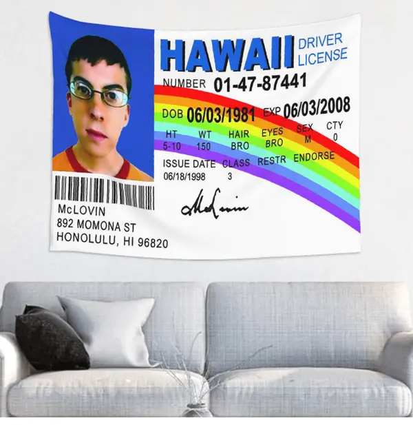 Mclovin Hawaii ID Flag Wall Tapestry - 3x5 ft Polyester Fabric Keeps Colors Vibrant Fake Driver License Banner with 4 Brass Grommets, Modern Stripe Design Flags for Room Home Bedroom Decor (College Dorm Use)