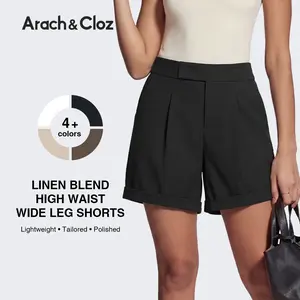Arach&Cloz Women's Linen Blend High Waist Business Casual Wide Leg Shorts 2026 SummerVibes