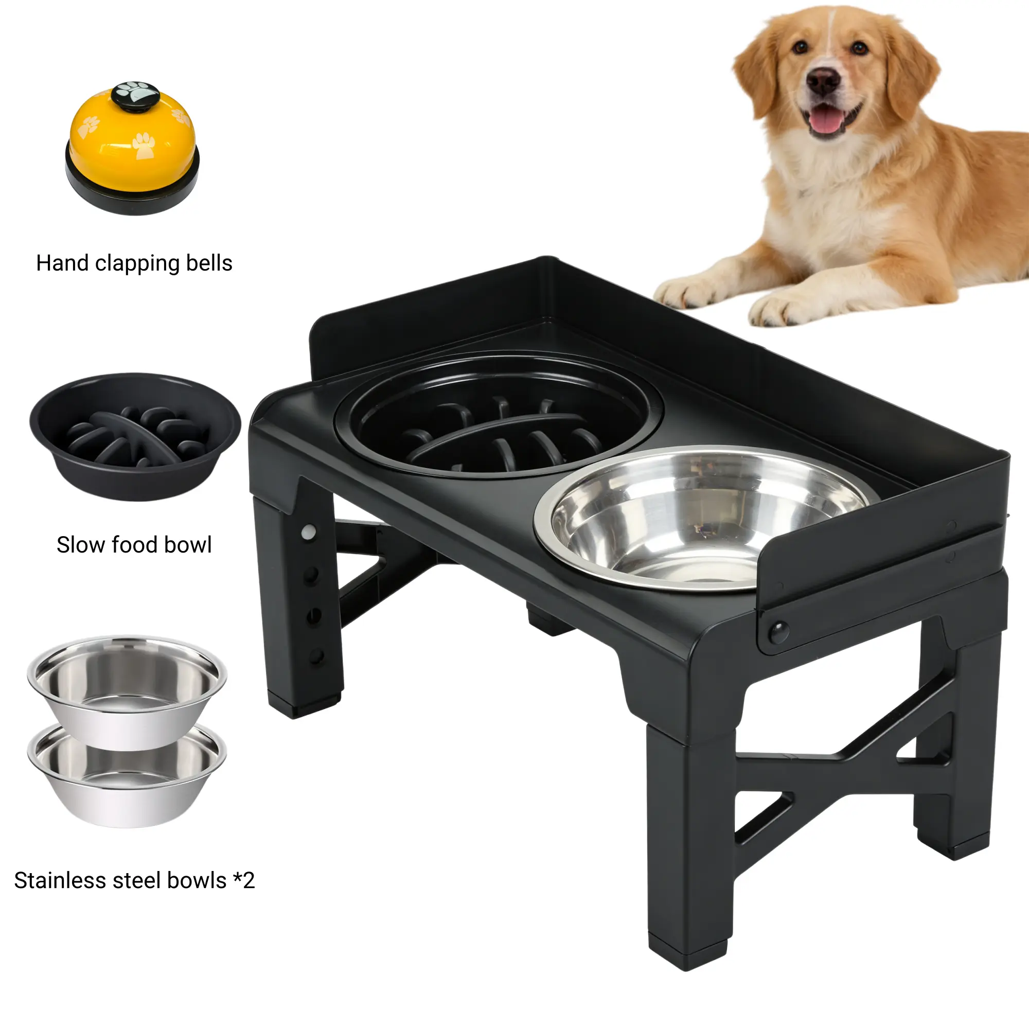 Elevated Dog Bowls, Spill-Proof with Guardrail, Raised Pet Feeder with Fence, Equipped with 1 Slow Feeder Bowl and 2 Stainless Steel Bowls, 5-Height Adjustable Raised Dog Bowl Stand