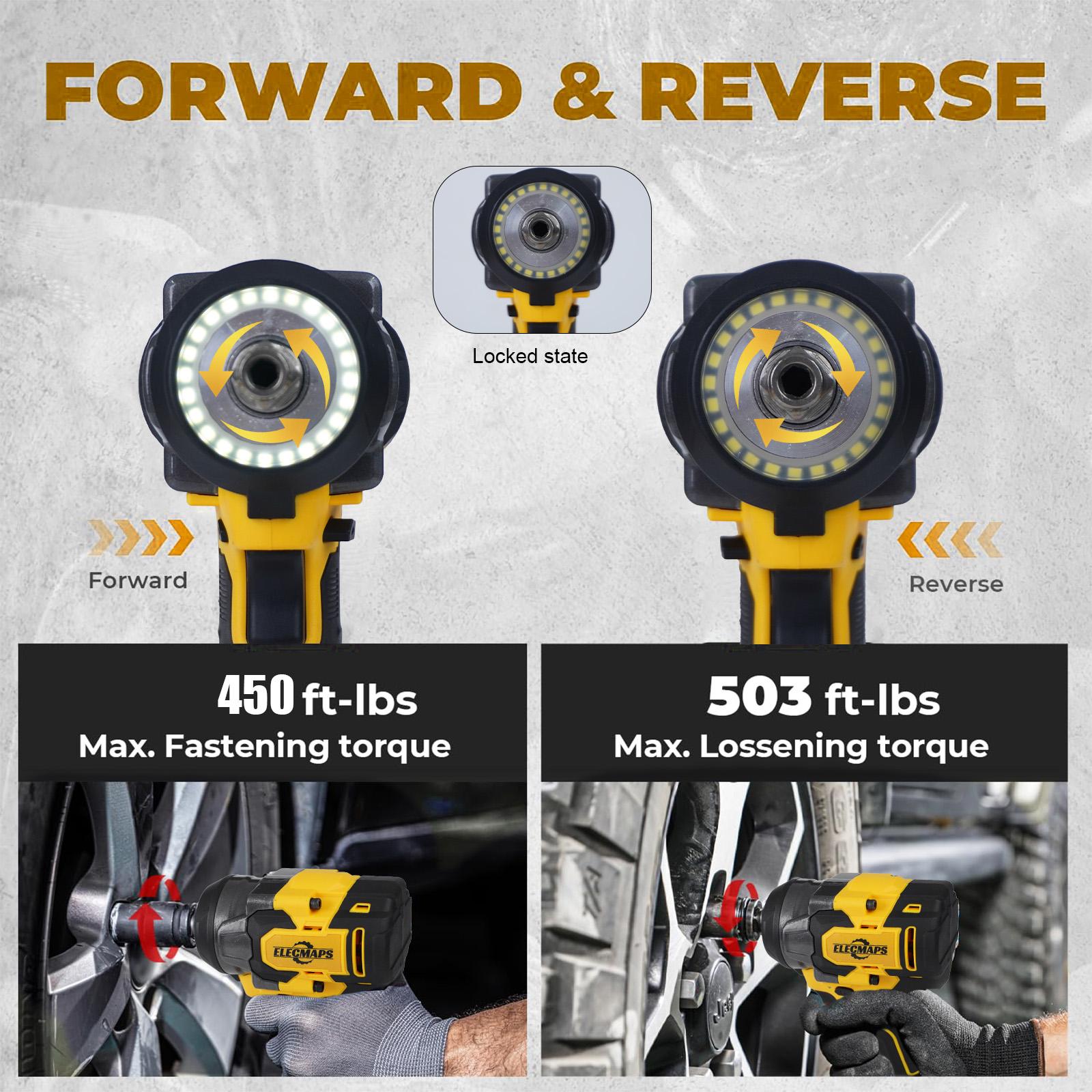 3-in-1 Cordless Impact Wrench(Bare tool; battery not included) – Compatible with Dewalt 20V Batteries | 450N High Torque Brushless Power Tool for Car Repair, DIY & Construction | Yellow & Black Design