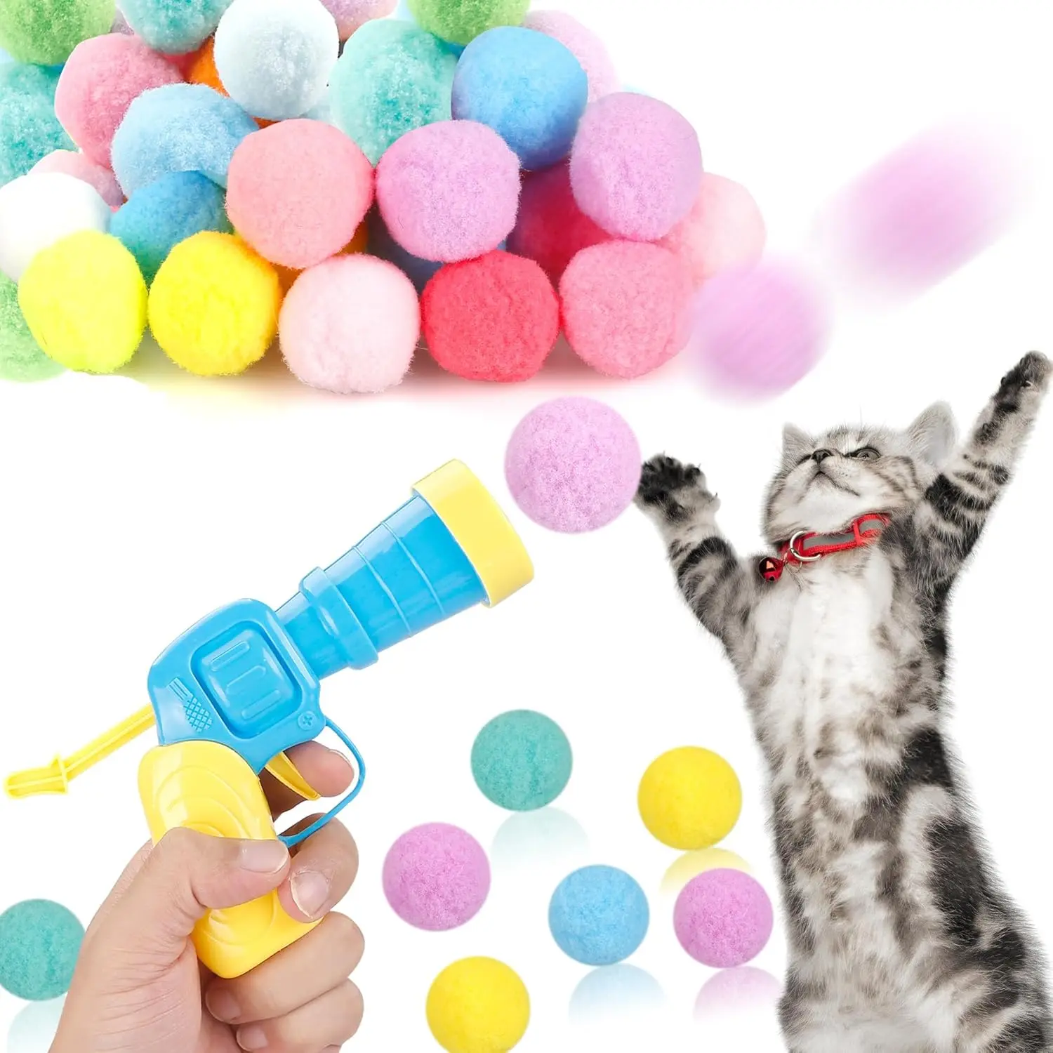 Cat Toy Ball Launcher Gun - Interactive Pom Pom Ball Fetch Toy for Cats, Indoor Play Pet Toy with  Balls