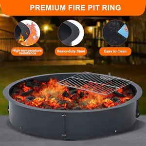Fire Pit Ring Insert 32 inch, Outdoor Fire Pit Liner Round Solid Steel Fire Ring with Cooking Grate, Heavy Duty Metal Steel Firepit Rings for Outside Wood Burning DIY Camping Patio Yard Garden, Black