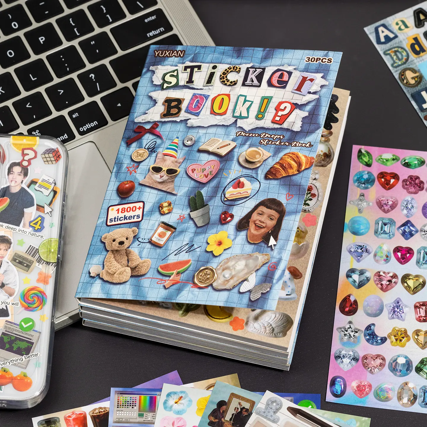 Collection of Popular Elements，Sticker Book-30 sheets, over 1800 stickers. Contents include letters, numbers, animals, food, fruits, plants and more, suitable for DIY decoration in various scenarios.
