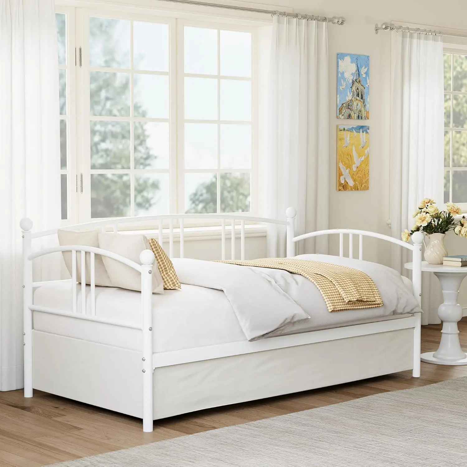 White Metal Twin Size Daybed Without Trundle - Classic Style, Clean & Simple Bed with Underbed Storage Space, Steel Slat Support Sofa Bed for Living Room, Bedroom, Classic Style Beds, Clean & Simple Beds