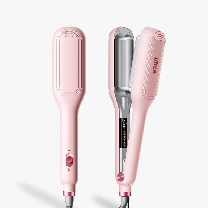 Ufree Hair Crimper for Women, Curling Iron Hair Crimper Waver, Effortless Deep Wave Hair Waver with Smart Timer, Fast Beach Waves, Negative Ionic Ceramic, Anti-Scald, Dual Voltage, Pink, 1 Inch