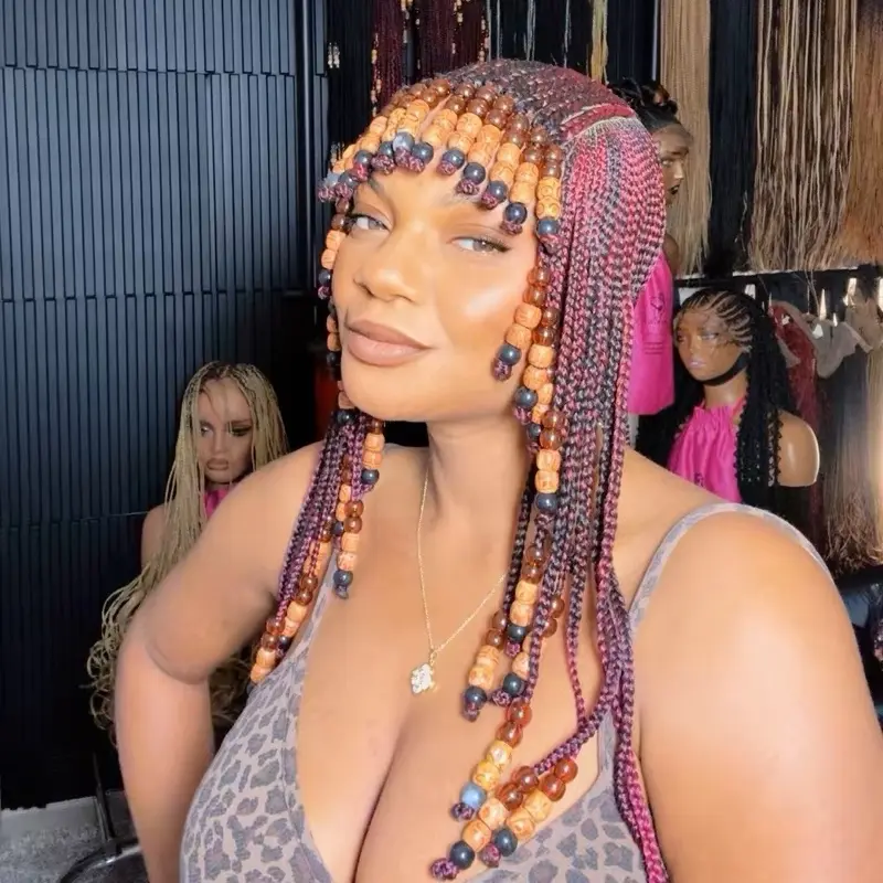 Koroba Beaded Full Lace Wig for Black Women - Synthetic Boho Box Braid Wig with Beads and Lace Detail