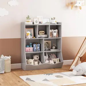 【GARVEE】Three-Tier Bookshelf and Toy Storage Cabinet with Multi Shelf and Cubby Cabinet for Kindergarten, Bedroom, Classroom, Playroom, Nursery in Grey