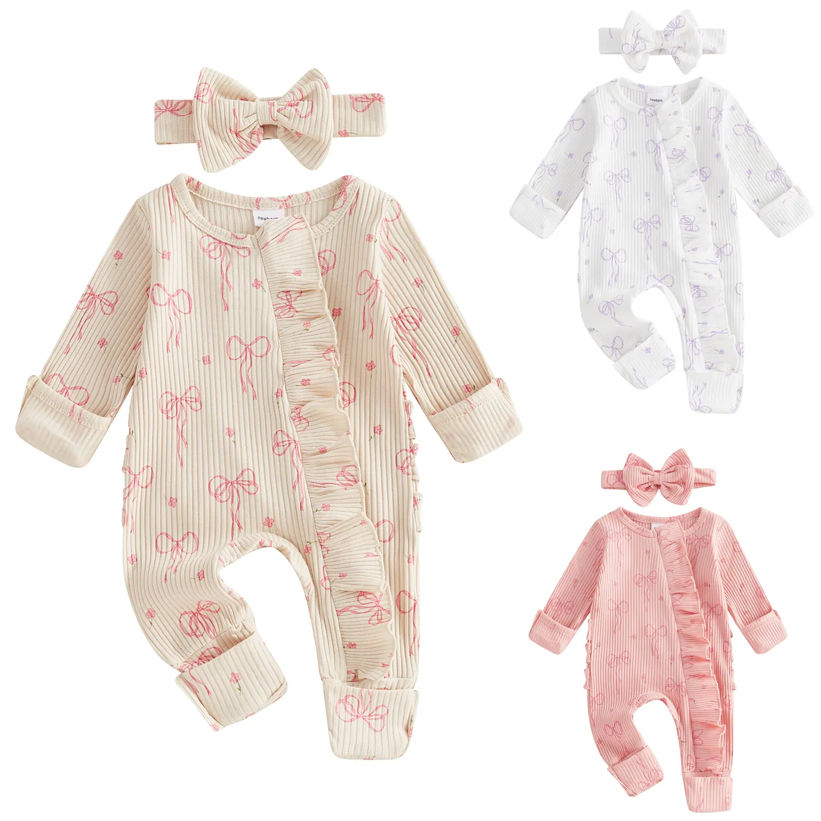 Infant Baby Girls' Ruffle Long-Sleeve Romper - Newborn Clothes, Baby Clothing, Ribbed Knit Sweatshirt Jumpsuit with Bow Print, Spring Warm Coming Home Outfit, Cute Pajamas