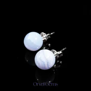 Blue Lace Agate Stud Earrings – Calming Crystal Gemstone Healing Jewelry, Soothing Blue Tones, Elegant Gift for Her