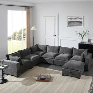 Niccae 117.5" Long 7-Seat U-Shaped Modular Sectional Couch, Movable Storage Ottomans, Freely Combinable Setup, Extra-Large Chenille Material, Spacious Seating for Living Rooms & Apartments (Gray, Beige) [4 Items Delivered] - Apartment Furniture