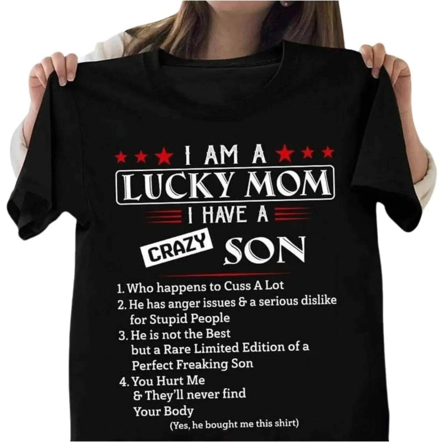Women's "I Am A Lucky Mom I Have A Crazy Son" T-Shirt - Mothers Day Gift From Son, Awesome Mom Life Birthday Gift Top