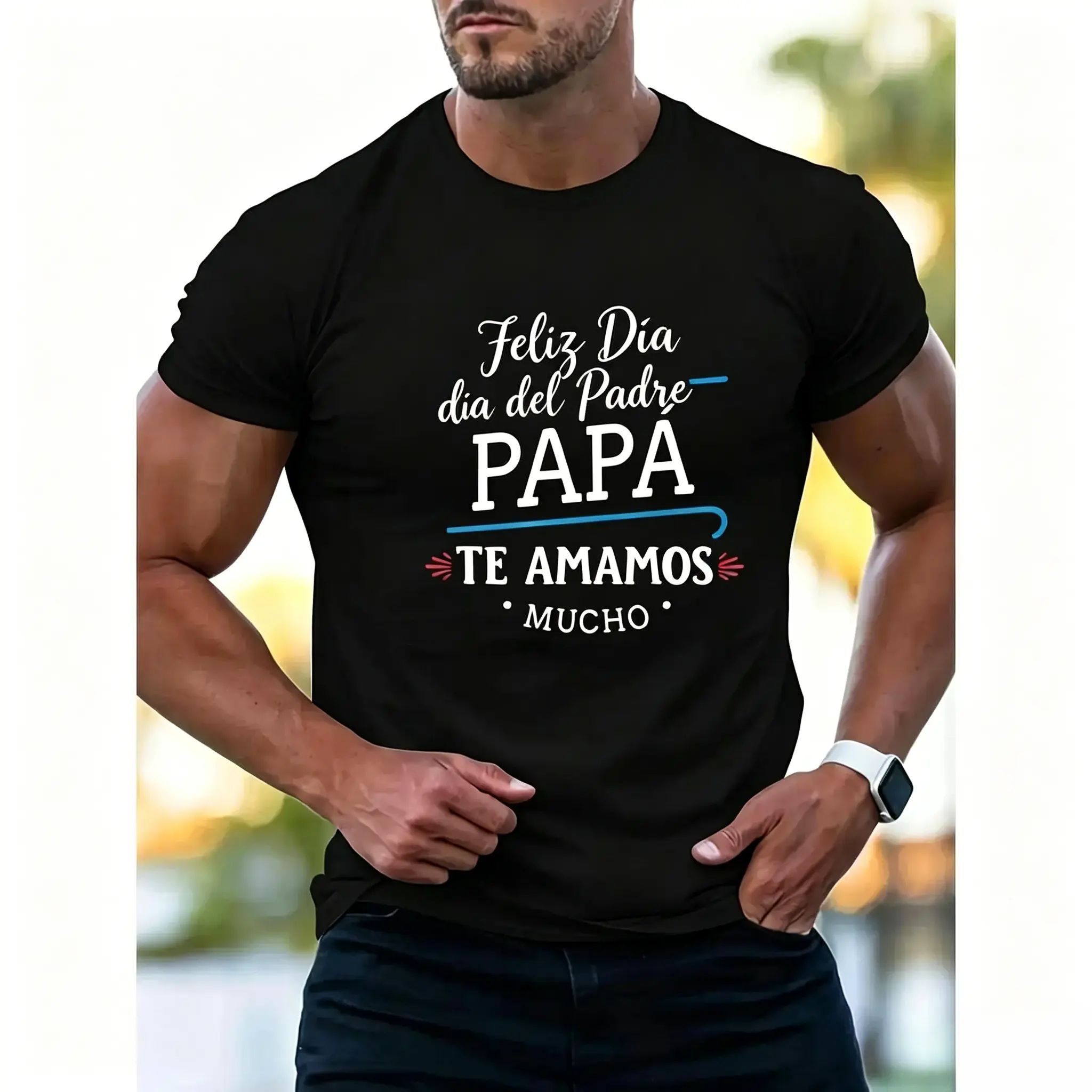 Men's Casual Round Neck Short-Sleeve Graphic Tee - "Padre" Spanish Father Print, Soft Cotton-Polyester Blend Fabric, Retro Fit, Daily Wear, Father's Day Gift
