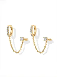 Gold Chain Earrings for Women | Double Piercing Dangle Chain Huggie Hoop Earrings (A pair) | Cubic Zirconia Pearl Stud Ear Cuff Earrings for Women | Elegant Minimalist Earrings Dainty Fashion Jewelry Earrings Set