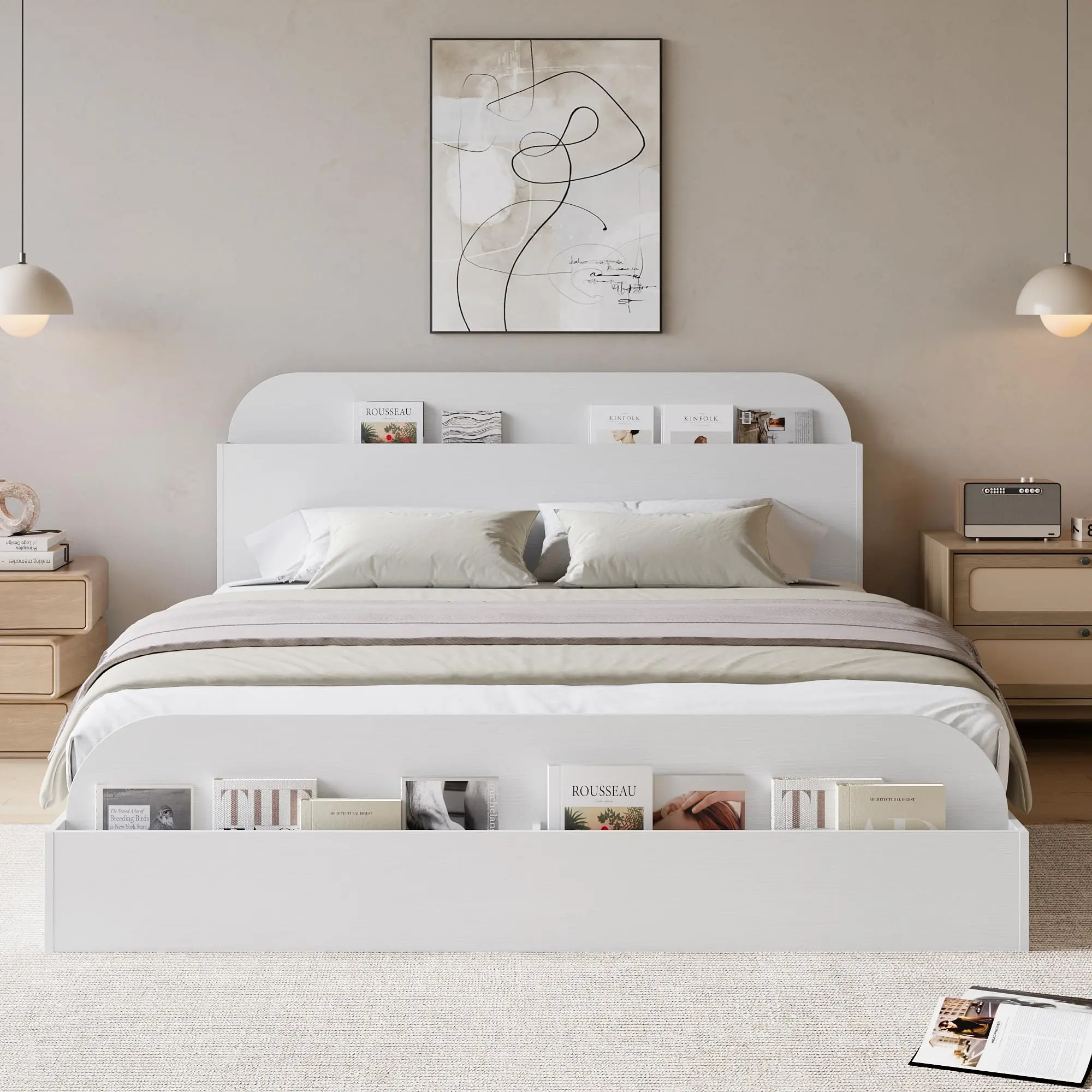 Garvee Queen Size Contemporary Low Profile Platform Storage Bed Frame - Stable Bedroom Furniture with Storage Headboard, Footboard, Hidden Compartment, Elevated Feeding Table, Slat Support, 86.2x61.4x35.4in, 95lbs, Assembly Required, Contemporary Bed, Pla